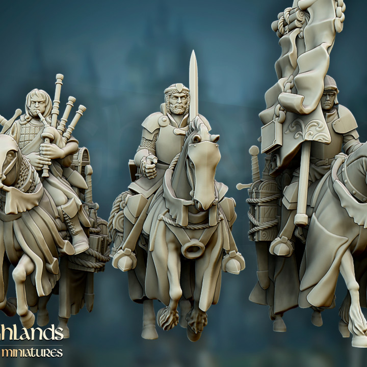 questing knights command group - highlands miniatures store sword kingdom age captain heroe musician 28mm warriors 9th horses 32mm bagpipe caballeros reforged bannerman bretonnia equitaine 3D print model - Mito3D