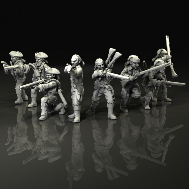 1750 colonial militas brinquedos jogos histórico 28mm Preto pó francês indiano guerra mosquetes tomahawks seve americano colonos militar 3D print model - Mito3D