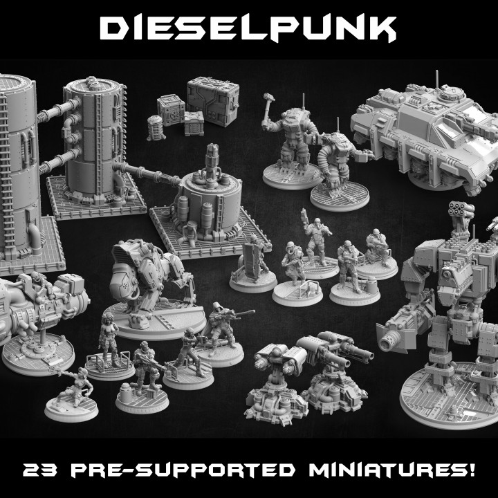 dieselpunk collection - 23 miniatures toys & games army motorbike robot sci-fi tank vehicle mech heroes troops 3D print model - Mito3D