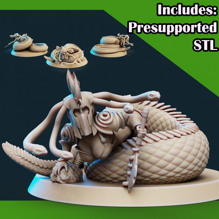medusa élite batalla hacha pose 3 juguetes juegos stl criatura fantasía hembra niña monstruo mujer esculpir serpiente blindado presupuesto 3D print model - Mito3D