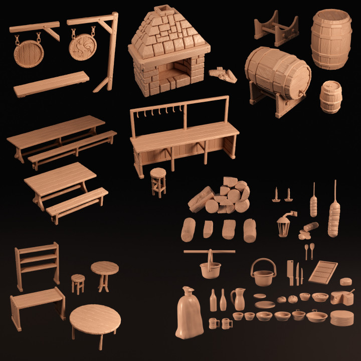 taverne objets accessoires jouets Jeux cuillère tabouret bois signe compteur fromage bougies cheminée sac barils 32mm tables 3D print model - Mito3D