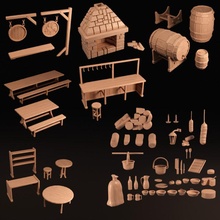tavern objects props toys & games spoon stool wood sign counter cheese d&d candles fireplace sack barrels 32mm tables 3d print model - Mito3D