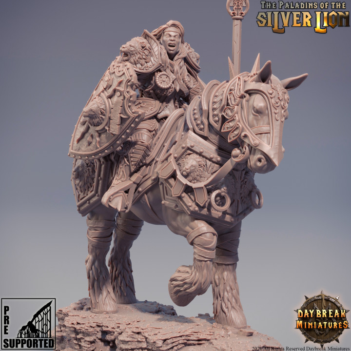 grande pr tresse salom Lion d'argent paladins argent jouets Jeux dragons donjons mini miniatures cheval table jeu guerre paladin monté aube 3D print model - Mito3D