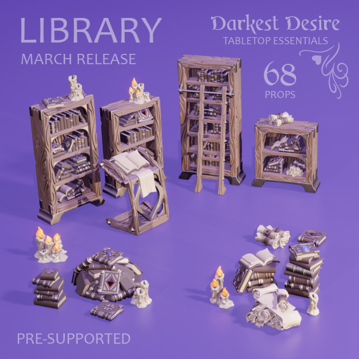 library set toys & games decoration environment fantasy furniture terrain books props boardgame tabletop d&d dnd bundle scenery scrolls pnp scatter assets presupported 3D print model - Mito3D