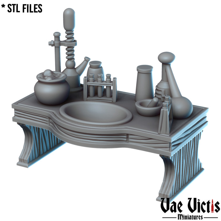 alchemy table fantasy magician rpg table workshop tabletop dnd alchemy alchemist sceneries 3D print model - Mito3D