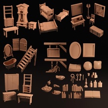 Han nesneler sahne oyuncaklar oyunlar kitap mum sandalye sıra kapı çerçeve masa kitaplık merdivenler yatak ayna giysi dolabı göğüs başucu yazar sarkaç meyhane önceden desteklenen 3d print model - Mito3D