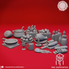 taverna spargere tavolo oggetti scena pre supported fantasia cibo miniatura bottiglie gioco ruolo dnd esploratore ttrpg 3d print model - Mito3D