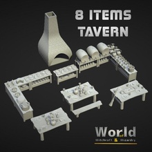 tavern 8 items store bar beer decoration food interior pot table terrain viking wine miniature bench chimney broom pub cheese meat potions 3d print model - Mito3D