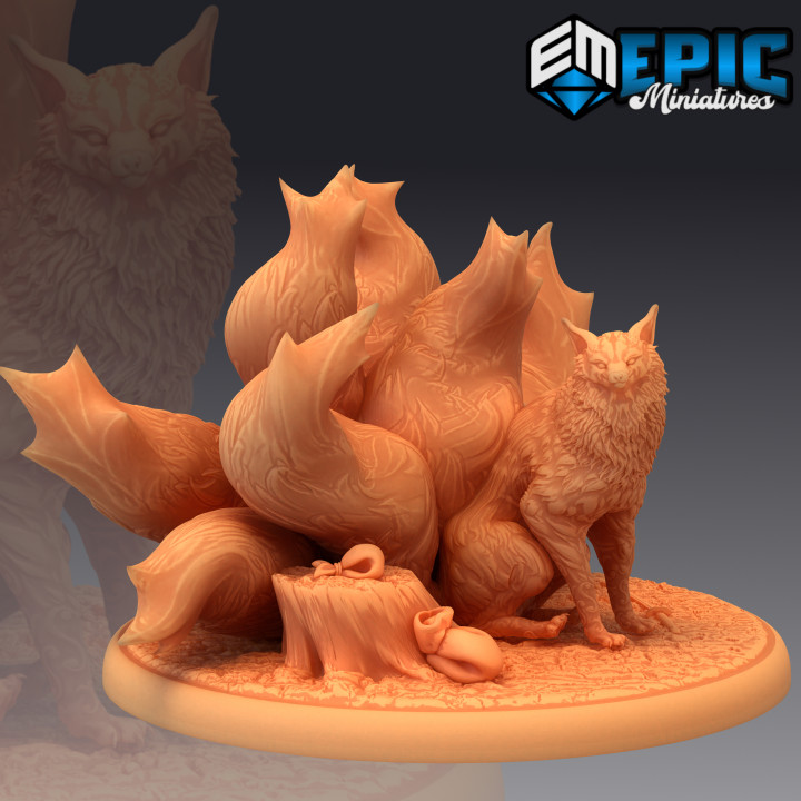 tailed fox spirit sitting kitsune japanese yokai fantasy medieval monster rpg warhammer enemy tabletop dungeon asian dnd pathfinder npc 3D print model - Mito3D