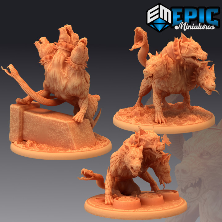 cerbère ensemble tête chien l'enfer Enfers garde fantaisie enfer médiéval monstre rpg marteau guerre ennemi table donjon dnd éclaireur PNJ 3D print model - Mito3D