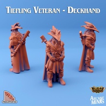 tiefling veteran - deckhands toys & games hat devil dragon dragons dungeons gun steampunk rifle horns cape dungeon 28mm 35mm airship 32mm 5e crew presupported pre-supported arcanapunk magipunk magitech sordane skies deckhand 3d print model - Mito3D