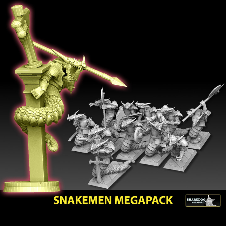 snakeman mégapack 40k dinosaure dragon pirate marteau guerre serpent templier scinque canard Mordheim naga l'homme lézard Sigmar yuan ti mousquetaire hallebardier séraphon saurus pantathien 3D print model - Mito3D