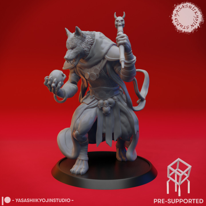 coyote necromancer - tabletop miniature pre-supported toys & games 40k creature gaming monster roleplaying dnd canine pathfinder aos ttrpg dogfolk 3D print model - Mito3D