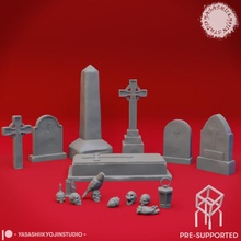 graveyard scatter - tabletop props pre-supported toys & games miniatures roleplaying candles graves tombstones ttrpg 3d print model - Mito3D