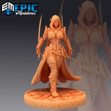 dark elf rogue sword elvish adventurer girl hooded female player character store fantasy medieval monster rpg warhammer woman enemy tabletop dungeon dnd pathfinder drow npc pre-supported supported pre 3d print model - Mito3D