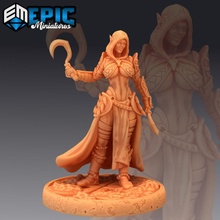 dark elf rogue scythe elvish adventurer girl hooded female player character store fantasy medieval monster rpg warhammer enemy tabletop dungeon dnd pathfinder drow npc pre-supported supported pre 3d print model - Mito3D