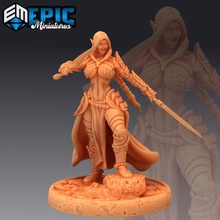 dark elf rogue attacking elvish adventurer girl hooded female player character store fantasy medieval monster rpg warhammer enemy tabletop dungeon dnd pathfinder drow npc pre-supported supported pre 3d print model - Mito3D