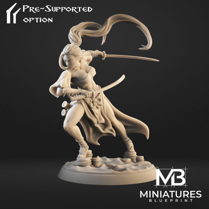 tachibana inmortal cuchillas stl dragones fantasía hembra Japón japonés mini guerra guerrero personaje miniatura calabozo dnd samoura katanas 3D print model - Mito3D