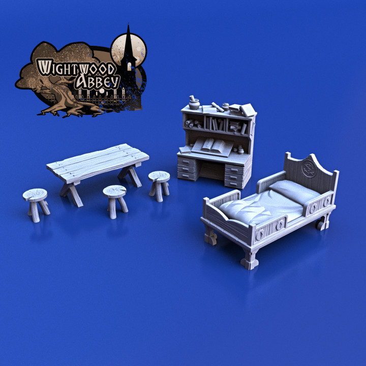 medievale dimora arredamento impostato giocattoli Giochi scrivania fantasia mobilia Casa sgabello tavolo terreno letto Comune Wightwood 3D print model - Mito3D
