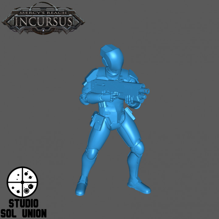 misericordia alcanzar infantería regular disparo pose 40k acción corporativo juego Guardia pistola mini soldado espacio martillo guerra rifle ciencia ficción mesa cyberpunk policía artillero 3D print model - Mito3D