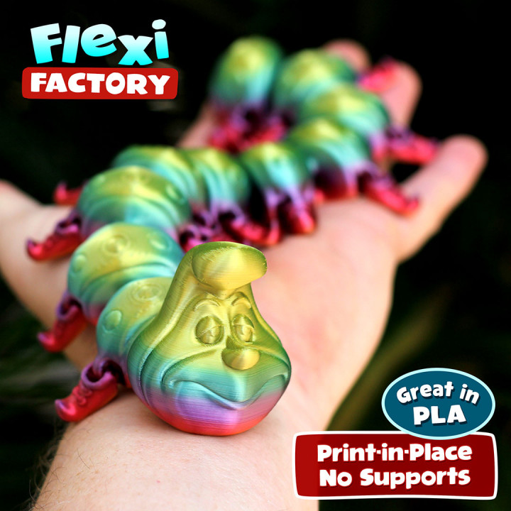 cute flexi print-in-place caterpillar print toy links daniel flexable posable articulated alice link factory place linkage wonderland flexy dan sopala 3D print model - Mito3D