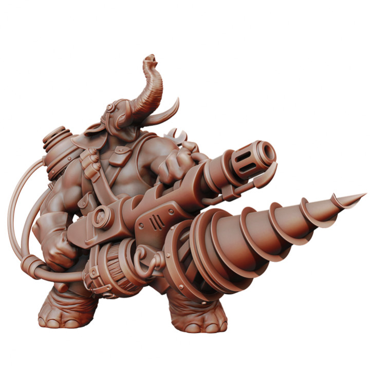 elephantfolk toys & games dragons dungeons fantasy warhammer heavy miniature elephant chainsaw drill gatling dnd gunner loxodon flamethrower artificer 3D print model - Mito3D