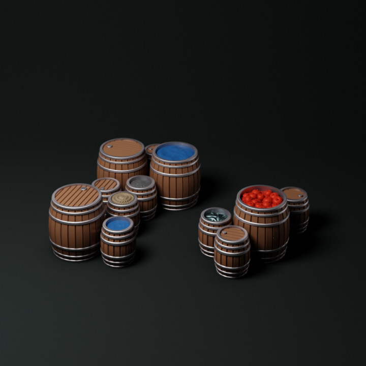 barrels toys & games beer container dock fantasy fish fruit historical interior medieval terrain vegetable water dungeon town warehouse wooden 28mm keg 32mm 25mm market scatter inn 3D print model - Mito3D