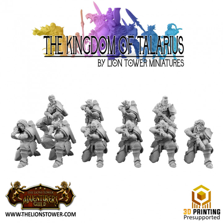 krallık talarius Kingsguard topçular birim 10 minis 32mm önceden desteklenen oyuncaklar oyunlar elf fantezi insan ork savaş oyunları Warhammer pompalı tüfek Tiefling don Tabaxi talyalı 3D print model - Mito3D