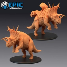 triceratops attacking ancient horned dinosaur jurassic mount toys & games dino fantasy medieval monster rpg warhammer enemy tabletop dungeon dnd pathfinder saddle npc pre-supported supported pre 3d print model - Mito3D