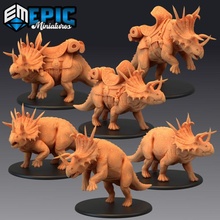 triceratops set ancient horned dinosaur jurassic mount collection toys & games dino fantasy medieval monster rpg warhammer enemy tabletop dungeon dnd pathfinder saddle npc pre-supported supported pre 3d print model - Mito3D