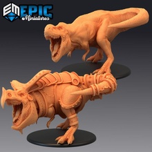 tyrannosaurus rex attacking ancient armored dinosaur jurassic hunter t-rex toys & games fantasy medieval monster rpg warhammer enemy tabletop dungeon dnd pathfinder npc pre-supported supported pre 3d print model - Mito3D