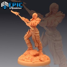 elven huntress attacking female barbarian elf ancient elvish tribe toys & games fantasy girl medieval monster rpg warhammer woman enemy tabletop dungeon dnd pathfinder npc pre-supported supported pre 3d print model - Mito3D