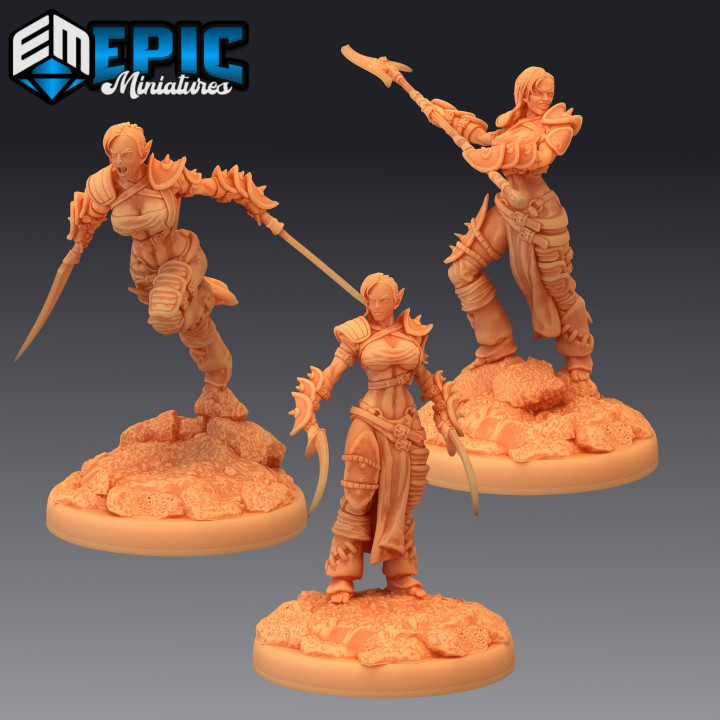 elven huntress set female barbarian elf ancient elvish tribe toys & games fantasy girl medieval monster rpg warhammer woman enemy tabletop dungeon dnd pathfinder npc pre-supported supported pre 3D print model - Mito3D