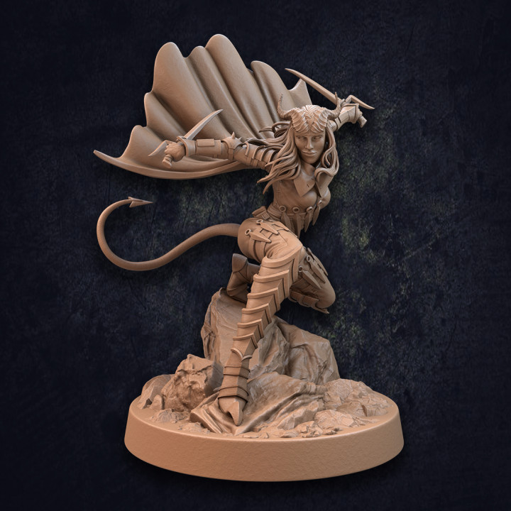 ellith rogue - presupported toys & games armor dragon dungeons fantasy female fighter girl hero model woman character miniature trappers cape tail 32mm 75mm lodge 3D print model - Mito3D