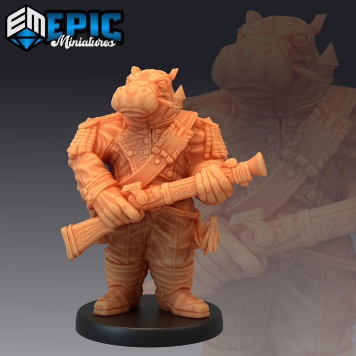 hippo soldier shotgun hippofolk warrior hippopotamus army toys & games fantasy gun medieval monster rpg warhammer enemy tabletop dungeon dnd pathfinder npc giff pre-supported supported pre 3D print model - Mito3D