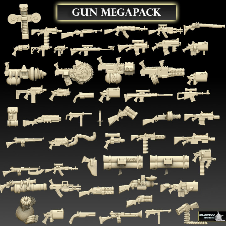 tabanca megapack oyuncaklar oyunlar 40k Warhammer silah tüfek elektrikli testere plazma revolver ak47 28mm mp40 bazuka m16 Sigmar Flamer gauss zincir kelime otomatik lazerle dövmek 3D print model - Mito3D