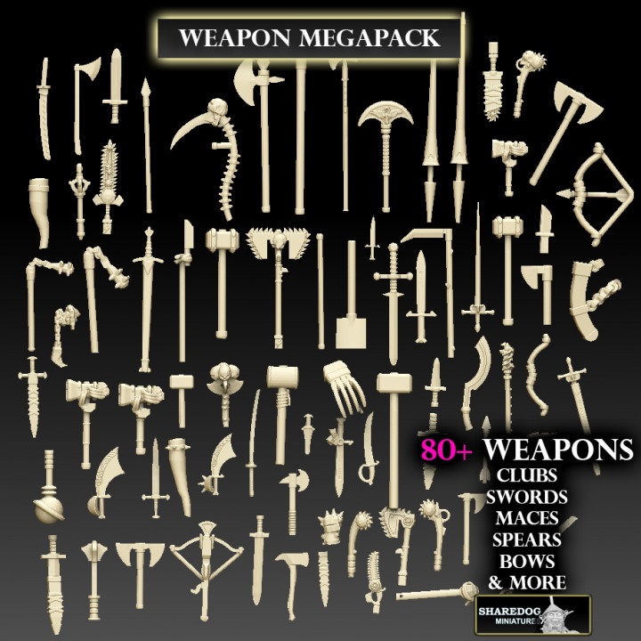 weapon megapack toys & games 40k axe pick spear sword warhammer knife hammer staff dagger mace scythe katana maul halberd lance chainsword chainaxe 3D print model - Mito3D