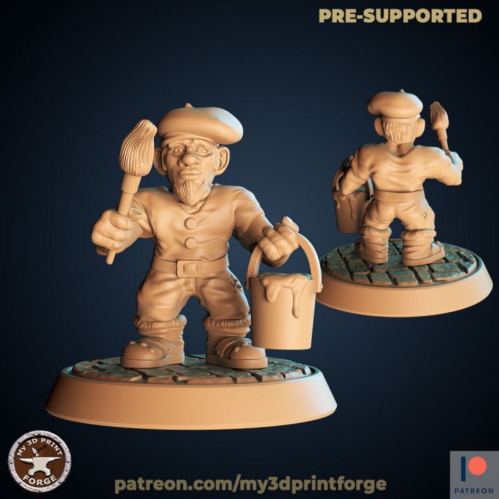 gnome painter 32mm my3dprintforge Toys & Games Tabletop Characters Creatures Fantasy Universe Board Store repairs paint warcraft repair dnd worker sculptor pre-supported 3D print model - Mito3D