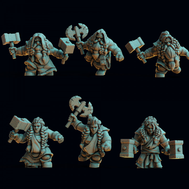 dwarf set 1 by print my minis Store army axe female scottish hammer warriors dwarves fighters highlands malke customiseable 3D print model - Mito3D