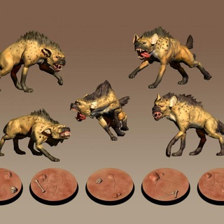 5 hyenas pre-supported byzantur minis Toys & Games Tabletop Characters Creatures Fantasy Universe Board Store africa beast desert african pack d&d dnd pathfinder 32mm badlands hyena savannah gnoll presupported supported hyaena hyaenas 3d print model - Mito3D
