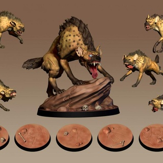 hyena pack + matriarch pre-supported byzantur minis Toys & Games Tabletop Characters Creatures Fantasy Universe Board Store africa beast boss desert african 50mm d&d dnd pathfinder 32mm badlands savannah gnoll presupported supported hyeana 3d print model - Mito3D