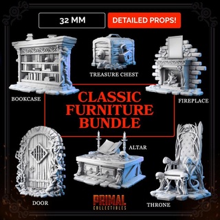 32mm props furnitures - masters dungeons quest primal collectibles Toys & Games Tabletop Characters Creatures Fantasy Universe Board 3D Printable Terrain classic door dragons epic fantasy hero retro rpg treasure war warrior miniature enemy paint boardgame roleplaying throne oldschool wargame library retrogame fireplace tabletopgame heroquest classicgame 3d print model - Mito3D