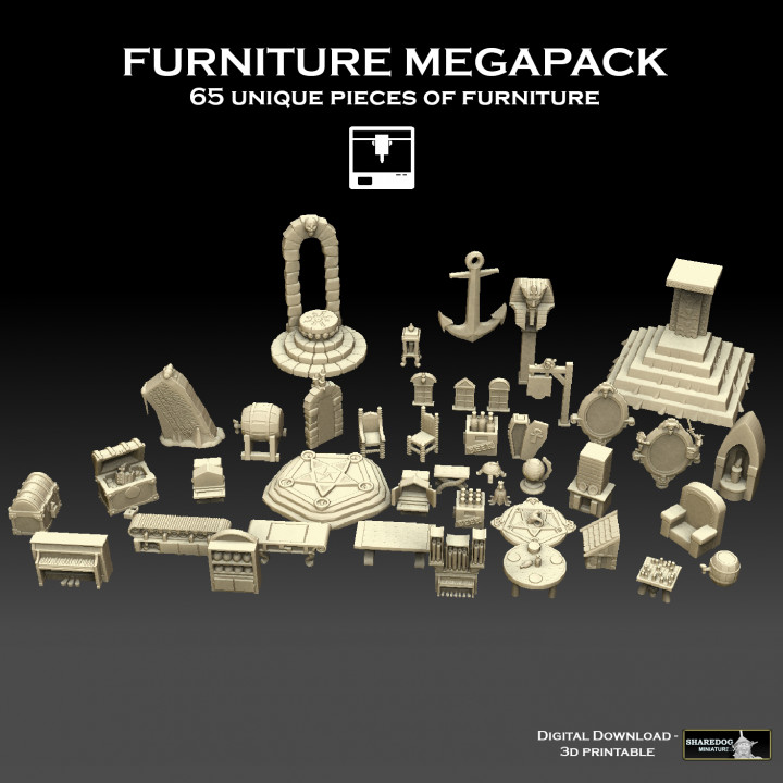 mueble mega Pack perro compartido miniaturas juguetes juegos mesa caracteres criaturas fantasía universo tablero Tienda 3D imprimible terreno 40k edificio silla puerta casa piano martillo guerra trono fábrica cofre d paisaje muñecas satánico Mechanicum piedra rúnica 3D print model - Mito3D