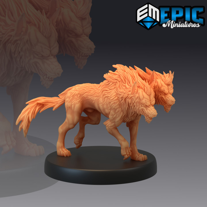 death dog two headed hell hound terror beast epic-miniatures Toys & Games Tabletop Characters Creatures Fantasy Universe Board Store fantasy head medieval monster rpg warhammer wolf sla enemy tabletop dungeon dnd heads pathfinder npc pre-supported supported pre 3D print model - Mito3D