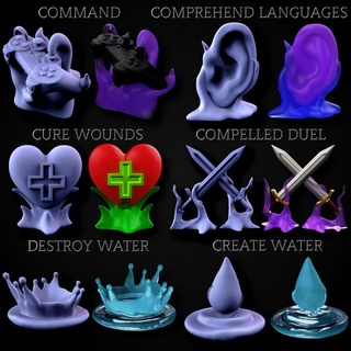 level 1 spells collection 3 miniforge Toys & Games Tabletop accessories Characters Creatures Fantasy Universe Board dragons dungeons water magic create spell duel dnd effects command cure wounds destroy comprehend languages compelled 3d print model - Mito3D