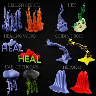 level 1 spells collection 7 miniforge Toys & Games Tabletop accessories Characters Creatures Fantasy Universe Board bolt magic hex word spell dnd effects healing thorns hellish hail rebuke guiding heroism 3d print model - Mito3D