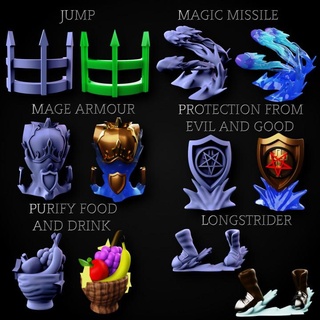 level 1 spells collection 9 miniforge Toys & Games Tabletop accessories Characters Creatures Fantasy Universe Board armour drink food good protection magic mage evil spell jump missile dnd effects purify longstrider 3d print model - Mito3D