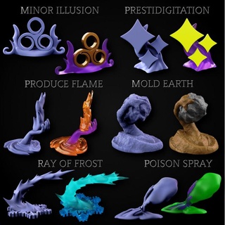cantrips collection 4 miniforge Toys & Games Tabletop accessories Characters Creatures Fantasy Universe Board magic earth mold flame poison illusion spell dnd ray effects spray minor frost produce spells prestidigitation 3d print model - Mito3D