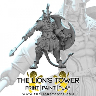 leonin warrior spear shield lion's tower adventurers guild Toys & Games Tabletop Characters Creatures Fantasy Universe Board fighter greek lion dungeonsanddragons 32mm presupported theros 3d print model - Mito3D