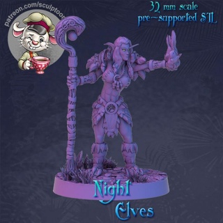 druide nuit elfe femelle calme posé 32mm échelle imprimable miniature sculpteur table personnages créatures fantaisie univers warcraft jeu plateau guerre dnd 3d print model - Mito3D